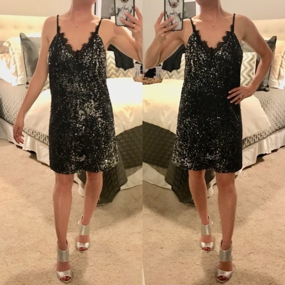 NWT LF BLACK-SILVER SEQUIN CAMISOLE DRESS - S - Picture 2 of 6